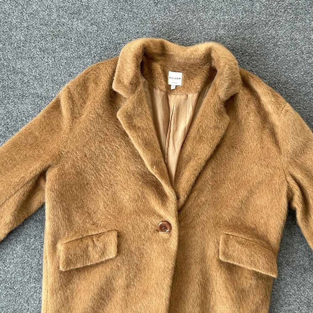 Ellison Coat‎ Womens Large Brown Fuzzy Faux Fur Lined Single Button Overcoat - Picture 8 of 13